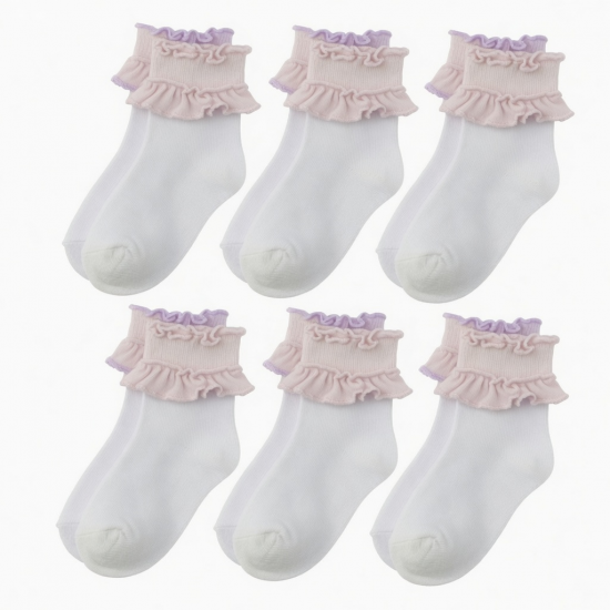 6-Pair Cotton Ruffle Frilly Crew Socks Womens Turn Cuff Fashion Cute