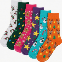 6 Pairs Women Christmas Crew Socks Bright Colorful Fancy Design Size 9-11