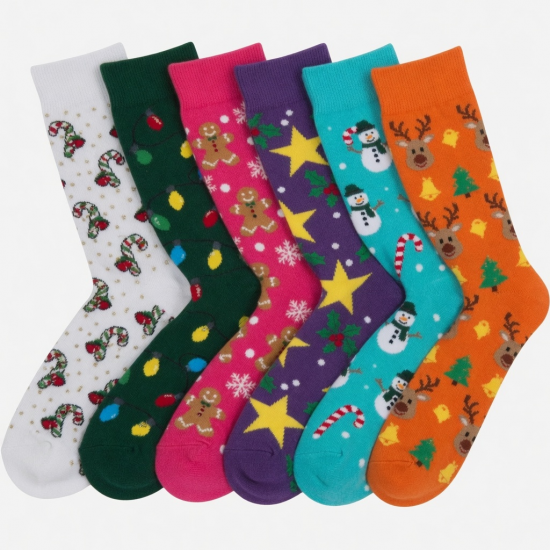 6 Pairs Women Christmas Crew Socks Bright Colorful Fancy Design Size 9-11