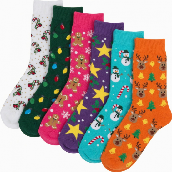 6 Pairs Women Christmas Crew Socks Bright Colorful Fancy Design Size 9-11