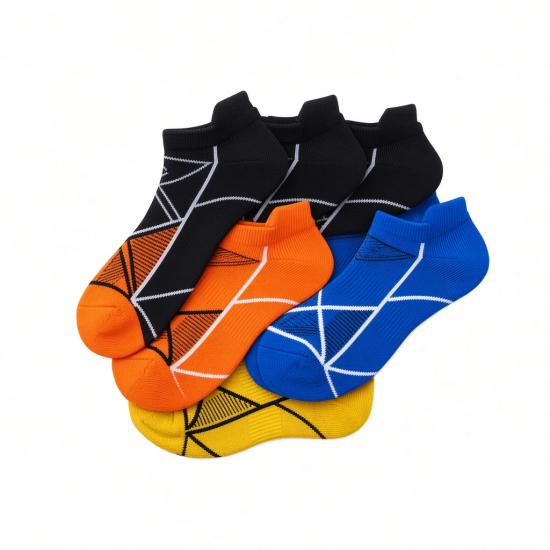 Men's Athletic Low Cut Socks Size S Geometric Black 3 Pairs Orange/Blue/Yellow