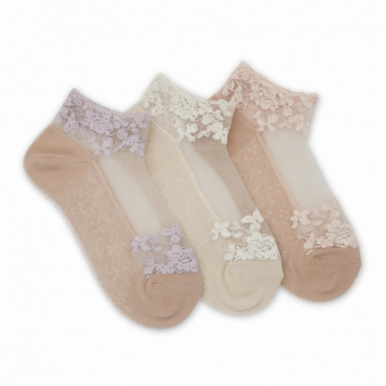 3 Pairs Women Floral Lace Ankle Socks Transparent Mesh Sheer Short Socks Daily
